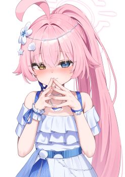 1girl ahoge bare_shoulders blue_archive blue_eyes blush closed_mouth commentary_request dress fingernails frilled_wrist_cuffs frills hair_between_eyes halo heterochromia highres hoshino_(blue_archive) korean_commentary long_hair looking_at_viewer mannack pink_hair pink_halo single_wrist_cuff smile solo steepled_fingers very_long_hair white_dress white_wrist_cuffs wrist_cuffs yellow_eyes