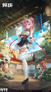 1girl absurdres ahoge architecture bamboo bamboo_halo bamboo_leaf black_dress blue_sky braid ceiling chinese_commentary chiz_(nte) cloud commentary_request double_bun dress east_asian_architecture eyewear_on_head falling_leaves flower frilled_dress frilled_wrist_cuffs frills garden grass hair_bun hand_fan high_heels highres holding holding_fan lantern leaf leggings looking_at_viewer name_tag neverness_to_everness official_art official_wallpaper paper_lantern pink_eyes pink_hair red_rope rope rope_around_waist rope_braid short_hair shorts shorts_under_skirt sky solo standing standing_on_one_leg sunglasses thighhighs tree twin_braids two-tone_dress white_dress white_flower white_thighhighs wooden_ceiling wrist_cuffs