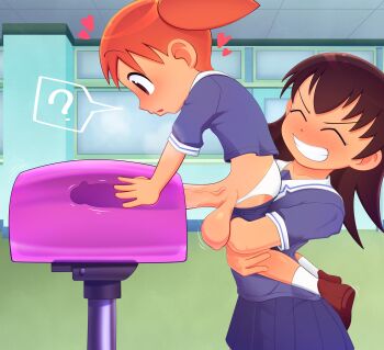 1futa 1girl blush breeding_mount brown_eyes brown_hair carrying carrying_person flashfigure futanari heart large_penis large_testicles loli mihama_chiyo orange_hair panties penis shirt shoes skirt socks takino_tomo testicles underwear