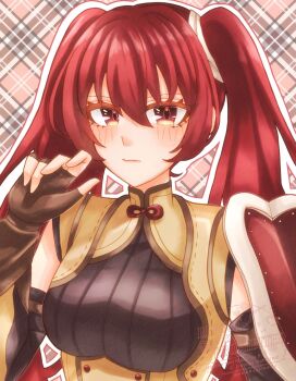 1girl blush breasts brown_eyes brown_gloves brown_tunic closed_mouth fingerless_gloves fire_emblem fire_emblem_awakening gloves hair_between_eyes highres long_hair looking_at_viewer medium_breasts nintendo red_eyes red_hair severa_(fire_emblem) sleeveless solo tunic twintails upper_body very_long_hair yuria0322
