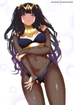 1girl absurdres black_hair black_nails blue_bra blue_panties blunt_bangs bodystocking bra breasts bridal_gauntlets closed_mouth commentary commentary_request covered_navel english_commentary fire_emblem fire_emblem_awakening from_below gluteal_fold grey_eyes hanta_(hantachi) highres long_hair looking_at_viewer looking_down medium_breasts mixed-language_commentary nail_polish navel nintendo panties panty_pull patreon_username pink_lips smile solo standing tharja_(fire_emblem) thighs tiara two_side_up underwear very_long_hair white_background