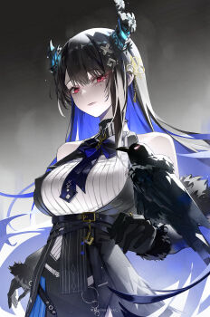 Rule 34 | 1girl, absurdres, asymmetrical horns, bare shoulders, belt, bird, bird on hand, black belt, black flower, black gloves, black hair, black horns, black jacket, black skirt, blue hair, breasts, closed mouth, clothing cutout, collared shirt, colored inner hair, commentary, crow, demon horns, flower, framed breasts, fur-trimmed sleeves, fur trim, gloves, gradient background, grey background, hair between eyes, hair ornament, hairclip, highres, hololive, hololive english, horn flower, horns, hppu8734, jacket, jewelry, large breasts, long hair, looking at viewer, mole, mole under eye, multicolored hair, nerissa ravencroft, nerissa ravencroft (1st costume), parted bangs, red eyes, ribbed shirt, ring, shadow (nerissa ravencroft), shirt, shoulder cutout, skirt, solo, tassel, tassel hair ornament, twitter username, two-tone hair, uneven horns, upper body, very long hair, virtual youtuber, white shirt