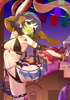 1girl :o absurdres arabian_clothes barefoot_sandals_(jewelry) belly_dancing bikini black_bikini body_chain breasts commentary_request dancer dancing harem_outfit highres mouth_veil navel pants purple_eyes purple_hair see-through_clothes see-through_pants short_hair solo standing standing_on_one_leg stomach sweat swimsuit tenkyuu_chimata touhou two_side_up veil xiao_xiao_xiaci