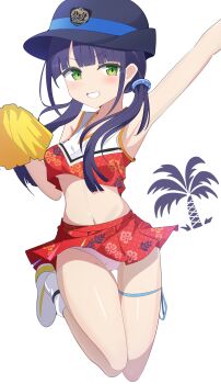 1girl absurdres black_cap black_hair cameltoe cheerleader highres kuroshio_shirara panties pine_tree pink_panties red_skirt skirt tree underwear