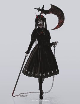 1girl aoi_ogata artist_name black_boots black_dress black_hair black_pantyhose boots chain clip_studio_paint_(medium) commentary dress english_commentary full_body glasses grey_background highres holding holding_scythe horns juliet_sleeves long_hair long_sleeves looking_at_viewer mask original pantyhose puffy_sleeves red_eyes reflection respirator round_eyewear scythe solo standing twintails very_long_hair