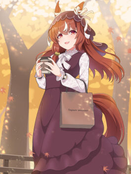 1girl animal_ears bag blue_eyes blush breasts casual cup fence hair_between_eyes hair_ornament holding holding_cup horse_ears horse_tail long_hair looking_at_viewer open_mouth paper_bag red_eyes shiromaru_illust small_breasts still_in_love_(umamusume) tail tree umamusume
