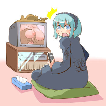 1boy 2channel 2channel_(/livejupiter/) ^^^ aile-kun blush caught commentary_request crossdressing crossdressing_(mtf) crt dress full_body grey_dress grey_hairband hairband highres implied_masturbation itini-sanshi looking_at_viewer looking_back male_focus open_mouth pornography short_hair solo television tissue_box trap