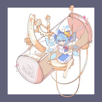 1girl ? ascot barefoot blue_eyes blue_hair border bow cirno commentary_request crown dress frilled_dress frills full_body gears grey_border hair_bow highres hourglass machine primsla sand short_hair short_sleeves sitting solo touhou