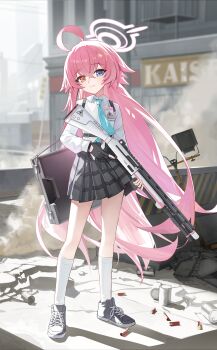 1girl absurdres ahoge beretta_1301 blue_archive blue_eyes blue_necktie commentary debris english_commentary fang gun hair_between_eyes halo heterochromia highres hoshino_(blue_archive) huge_ahoge long_hair long_sleeves necktie pink_hair pink_halo pleated_skirt pump_action shell_casing shield shield_on_back shirt shotgun skin_fang skirt smile socks solo very_long_hair weapon white_shirt white_socks y1c6 yellow_eyes