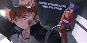 1girl absurdres alarm_clock artist_name bandages bed_sheet black_eyes black_jacket bleeding blood blood_on_clothes blood_on_face blue_gloves blue_hair blue_hat blue_skirt blush breasts chainsaw choker cleavage clock collarbone commentary cool_mita_(miside) crazy crazy_eyes cuts dirty electric_fan emiya_shirou empty_eyes english_commentary fangs fate/stay_night fate_(series) gloves hands_closed_watch hat highres igote injury jacket jealous large_breasts long_hair looking_at_viewer midriff_peek miniskirt miside mita_(miside) monitor on_bed open_clothes open_jacket open_mouth orange_hair pillow pleated_skirt raglan_sleeves red_choker red_shirt scared self-upload shaded_face shirt shokobr skirt smile t-shirt tattoo teardrop_tattoo teeth thighhighs thighs torn torn_clothes twitter_username yandere yandere_trance