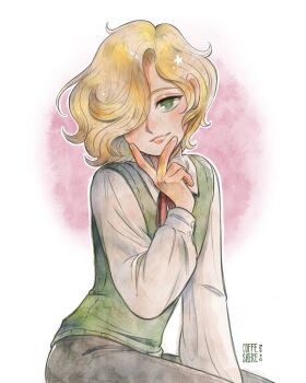 1boy blonde_hair femboy gay gilbert_cocteau green_eyes highres kaze_to_ki_no_uta little_boy one_eye_closed smile yaoi