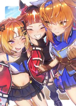 3girls absurdres animal_ears beautifulinsnow black_shirt black_skirt black_thighhighs blue_eyes blue_hairband blue_scarf blue_skirt blue_sports_bra blush breasts brown_corset brown_gloves brown_hair closed_mouth coat collarbone commentary_request corset ear_covers espoir_city_(red_devil_gear)_(umamusume) espoir_city_(umamusume) fang fingerless_gloves furioso_(triumphant_return_of_the_auspicious_star)_(umamusume) furioso_(umamusume) gloves gold_buckle grin hair_ornament hairband headphones headphones_around_neck highres horse_earrings horse_ears horse_girl horse_tail jacket large_breasts long_hair long_sleeves midriff multicolored_hair multiple_girls navel one_eye_closed one_side_up open_clothes open_coat open_mouth orange_hair panty_straps red_jacket scarf shirt shoes short_hair short_sleeves single_ear_cover skirt small_breasts smile sports_bra sweat tail teeth thighhighs transcend_(umamusume) transcend_(zoku-zoku_gizmo)_(umamusume) umamusume yellow_eyes