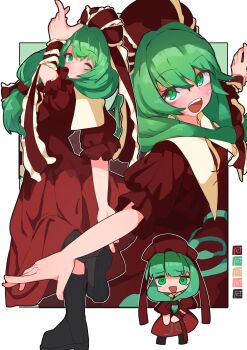 1girl absurdres arm_ribbon arm_up bow color_guide commentary_request dress frilled_bow frilled_ribbon frills front_ponytail green_eyes green_hair hair_bow hair_ribbon happy highres kagiyama_hina multiple_views myakopu red_bow red_dress red_ribbon ribbon smile touhou white_background
