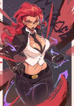 1girl black_bra black_gloves black_jacket black_necktie black_pants bra breasts character_name cleavage clenched_hand commentary crimson_viper earrings glasses gloves grin hand_on_own_hip highres jacket jewelry large_breasts lingerie long_hair looking_at_viewer midriff navel necktie pants pimozzarella red_hair shirt smile solo street_fighter street_fighter_iv_(series) tinted_eyewear underwear white_shirt yellow-tinted_eyewear