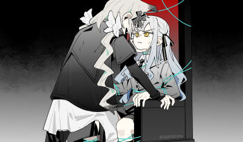 2girls animal_ears arknights armchair artist_name ashstraw bang_dream! bang_dream!_it&#039;s_mygo!!!!! black_jacket black_shoes black_socks blazer blue_hair bound bound_arms bound_legs chair covered_eyes crossover drill_hair evil_smile face-to-face fang grabbing_another&#039;s_chin grey_hair hair_ribbon hand_on_another&#039;s_chin haneoka_school_uniform highres jacket long_sidelocks morpheus_(arknights) multiple_girls necktie on_chair on_one_knee puppet_strings ribbon school_uniform shirt shoes sidelocks simple_background sitting smile socks string_around_neck striped_necktie sweat tied_to_chair tied_up_(nonsexual) togawa_sakiko twin_drills two_side_up white_shirt yellow_eyes