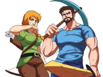 1boy 1girl alex_(minecraft) arm_up arrow_(projectile) beard belt black_belt black_hair blue_pants blue_shirt bow_(weapon) braid braided_ponytail breasts brown_pants cowboy_shot minecraft_pickaxe dirty facial_hair green_eyes green_shirt highres holding holding_pickaxe holding_sword holding_weapon long_hair medium_breasts minecraft muscular muscular_male orange_hair pants parted_lips pickaxe quiver shirt short_sleeves simple_background steve_(minecraft) sword tina_fate weapon white_background