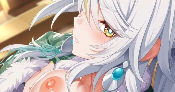 1girl blonde_hair blush breasts censored commentary crescent crescent_earrings crescent_moon earrings english_commentary fur-trimmed_sleeves fur_trim genshin_impact grabbing_own_breast jewelry long_hair mixed-language_commentary moon multicolored_hair nipples open_mouth paid_reward_available ponytail streaked_hair takashia two-tone_hair white_hair yellow_eyes zibai_(genshin_impact)