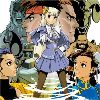 Rule 34 | 3girls, 5boys, absurdres, alex (street fighter), anakaris, capcom, capcom fighting jam, chun-li, crossover, darkstalkers, demitri maximoff, from side, gloves, hairpods, hauzer, headband, highres, ingrid (capcom), leo (warzard), long sleeves, looking at viewer, mori toshiaki, multiple boys, multiple girls, official art, pantyhose, pleated skirt, profile, purple skirt, rose (street fighter), ryu (street fighter), shinkiro, simple background, skirt, street fighter, warzard, white background, white gloves, zangief