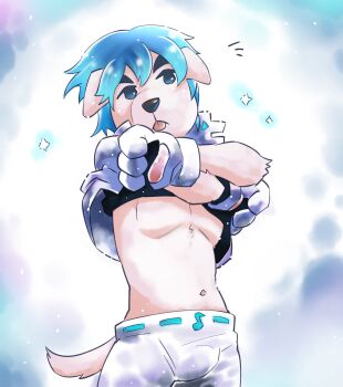 Rule 34 | 1boy, animal crossing, animal ears, animal hands, black shirt, blue hair, bulge, clothes lift, commentary, dog boy, dog ears, animal nose, dog tail, english commentary, furry, furry male, gloves, highres, jacket, k.k. slider (animal crossing), male focus, musical note, navel, niku nabe, nintendo, pants, paw gloves, pawpads, pectorals, shirt, shirt lift, sparkle, tail, toned, toned male, tongue, tongue out, white fur, white jacket, white pants