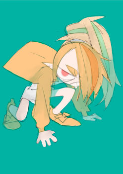1girl angry blonde_hair green_background hair_over_one_eye hairband hands_on_ground highres jacket long_hair looking_at_viewer multicolored_hair nikaidou_saki open_mouth orange_hair pointy_ears ponytail red_eyes shirt shoes simple_background solo streaked_hair umezawa_michiko white_hairband white_shirt yellow_jacket yellow_shoes zombie_land_saga