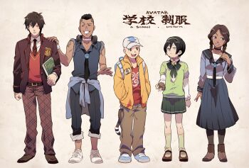 2girls 3boys aang avatar:_the_last_airbender avatar_legends contemporary hat headphones headphones_around_neck jacket katara multiple_boys multiple_girls necktie pantyhose school_uniform serafuku skirt sokka t_k_g toph_beifong zuko