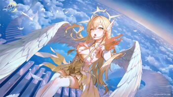 1girl above_clouds blonde_hair blue_sky breasts bridal_gauntlets character_request cleavage cloud copyright_logo copyright_notice detached_sleeves dress feathered_wings feathers gloves halo headset highres ikkia large_breasts layered_dress logo long_hair necktie open_mouth riichi_city sky sleeveless sleeveless_dress solo thighhighs two-tone_dress white_dress white_feathers white_sleeves white_thighhighs white_wings wings yellow_dress yellow_eyes yellow_gloves yellow_necktie zettai_ryouiki