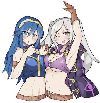 Rule 34 | 2girls, arm up, armband, armpits, asymmetrical docking, belt, bikini, blue bikini, breast press, breasts, brown belt, brown gloves, cleavage, commentary request, crop top, cropped torso, female robin (fire emblem), fire emblem, fire emblem awakening, fire emblem cipher, fire emblem heroes, gloves, holding hands, interlocked fingers, jacket, jacket on shoulders, large breasts, long hair, lucina (cipher swimsuit) (fire emblem), lucina (fire emblem), medium breasts, multiple girls, navel, nintendo, o-ring, o-ring bikini, official alternate costume, one eye closed, open mouth, purple bikini, sleeveless, smile, sweat, swimsuit, tiara, twintails, underboob, white-stew