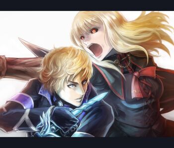 1boy 1girl alpha_patroklos black_sclera blonde_hair blue_eyes brother_and_sister colored_sclera dark_persona gloves letterboxed long_hair nyaasora open_mouth patroklos_alexandra pyrrha_alexandra pyrrha_omega red_eyes short_hair siblings soul_calibur soul_calibur_(weapon) soul_edge_(weapon) soulcalibur soulcalibur_v sword weapon