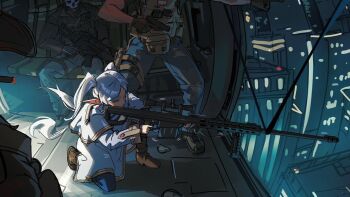 Rule 34 | 1girl, 3boys, aircraft, anti-materiel rifle, black gloves, call of duty, call of duty: modern warfare 2, capelet, cropped, dress, earrings, elf, frieren, ghost (modern warfare 2), gloves, green eyes, gun, handgun, helicopter, highres, holding, holding gun, holding weapon, jewelry, long hair, long sleeves, mask, multiple boys, one eye closed, parted bangs, pointy ears, raikoart, rifle, skull mask, sniper rifle, soap (modern warfare 2), solo focus, sousou no frieren, third-party source, twintails, weapon, white capelet, white hair