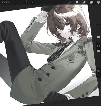 Rule 34 | 1boy, akechi gorou, art program in frame, black gloves, black necktie, black pants, brown hair, cramped, feet out of frame, gloves, grey jacket, hair between eyes, hand up, hatena art, highres, jacket, knees up, lapels, light smile, long sleeves, looking at viewer, male focus, medium hair, necktie, pants, parted lips, persona, persona 5, procreate (medium), red eyes, simple background, solo, striped clothes, sweat, vertical-striped clothes, vertical-striped necktie, white background, wing collar