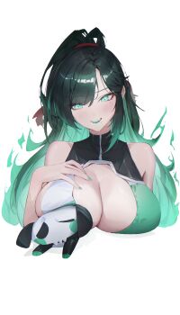 1girl absurdres armpit_crease bare_shoulders black_hair blush breasts cersea_soulstorm chromashift cleavage colored_inner_hair fire green_eyes green_fire green_hair green_nails highres large_breasts long_hair meme misanay1_breast_rest_(meme) multicolored_hair skellywag_(cersea_soulstorm) two-tone_bra virtual_youtuber yoellim5