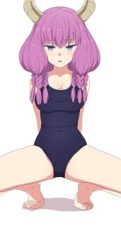 1girl absurdres arms_behind_back aura_(sousou_no_frieren) barefoot blue_eyes blue_one-piece_swimsuit body_control braid breasts demon_girl demon_horns feet highres horns hypnosis long_hair looking_at_viewer medium_breasts mind_control na-suke one-piece_swimsuit parted_lips purple_hair raised_eyebrows simple_background solo sousou_no_frieren spread_legs squatting straight-on swimsuit thighs tiptoes toes white_background