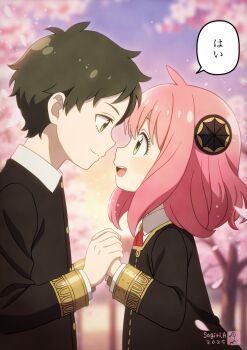 1boy 1girl :d ahoge anya_(spy_x_family) artist_logo asukamama89 black_dress black_jacket blurry blurry_background blush brown_hair buttons cherry_blossoms child closed_mouth collared_shirt commentary damian_desmond dress eden_academy_school_uniform falling_petals from_side gold_buttons gold_trim gradient_sky green_eyes hairpods hetero highres holding_hands jacket logo long_sleeves looking_at_another medium_hair neck_ribbon open_mouth outdoors petals pink_hair pink_petals red_ribbon ribbon school_uniform shirt short_hair sky sleeve_cuffs smile speech_bubble split_mouth spy_x_family sunset teeth translated tree upper_body upper_teeth_only white_shirt yellow_eyes