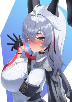 1girl absurdres armband black_armband black_gloves black_horns black_jacket blush button_gap chest_harness commentary curled_horns from_side gloves grey_hair hair_between_eyes harness highres horns jacket jacket_on_shoulders long_hair looking_at_viewer multicolored_hair necktie nose_blush open_mouth red_eyes red_necktie rua_(rua0007113) shirt solo streaked_hair sweatdrop white_shirt wuthering_waves zani_(wuthering_waves)