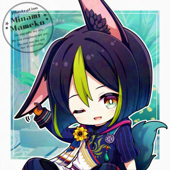 1boy animal_ear_fluff animal_ears asymmetrical_sleeves black_gloves black_hair brown_eyes chibi chibi_only commentary_request drawstring flower fox_boy fox_ears fox_tail genshin_impact gloves green_eyes green_streaks hand_on_own_ear hood hood_down male_focus mameko_minami multicolored_eyes multicolored_hair one_eye_closed open_mouth solo streaked_hair tail tassel tighnari_(genshin_impact) two-tone_eyes uneven_sleeves watermark yellow_flower