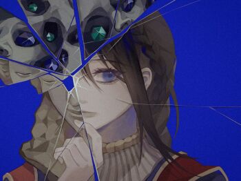 1girl absurdres aegyo_sal black_robe blue_background blue_eyes braid brown_hair character_request chinese_commentary closed_mouth commentary_request crack elden_ring endoftheworld600 expressionless eyelashes hair_between_eyes hand_on_own_chin highres lips long_hair looking_at_viewer low_twin_braids robe simple_background solo stole sweater turtleneck turtleneck_sweater twin_braids upper_body white_sweater