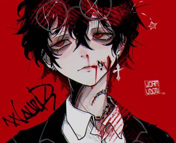 1boy bags_under_eyes black_coat black_hair blood blood_from_mouth blood_on_face blood_splatter broken_glass chain chain_necklace coat collared_shirt cross cross_earrings crossed_bangs double-parted_bangs earrings eyewear_on_head glasgow_smile glass hair_between_eyes half-closed_eyes head_tilt indie_virtual_youtuber jewelry male_focus multiple_expressions necklace nosebleed portrait red_eyes shirt short_hair solo stitched_neck stitches white_shirt wormudon xwounds