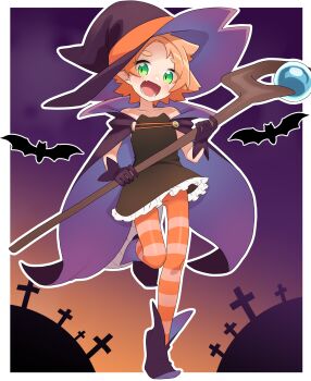 1girl bat_(animal) cape commentary_request dress gloves green_eyes hat highres holding open_mouth original owasaki paid_reward_available pantyhose purple_cape smile solo staff striped_clothes striped_pantyhose witch_hat