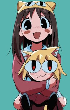 Rule 34 | <|> <|>, 2girls, :3, :d, animal ear fluff, animal ears, aqua background, azumanga daioh's school uniform, azumanga daiou, black eyes, blonde hair, blush stickers, brown hair, cat ears, cat girl, character hat, chibi, cowboy shot, crossover, hug, kasuga ayumu, long hair, long sleeves, looking at viewer, melty blood, moyosan, multiple girls, neco-arc, neco spirit, open mouth, red eyes, red skirt, sailor collar, school uniform, simple background, skirt, smile, tsukihime, white sailor collar