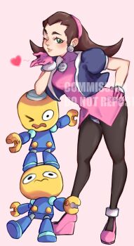 absurdres black_pantyhose blowing_kiss blue_jacket breasts brown_hair commission cropped_jacket crotch_plate dress full_body ghosty_entity green_eyes heart highres jacket medium_breasts mega_man_(series) mega_man_legends_(series) one_eye_closed pantyhose pink_dress servbot_(mega_man) short_dress tron_bonne_(mega_man) watermark