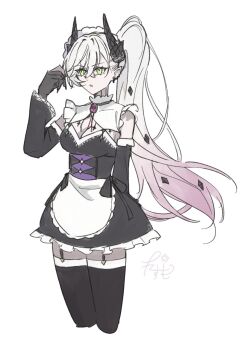 1girl apron black_thighhighs breasts demon_horns detached_sleeves fate/grand_order fate_(series) garter_straps gradient_hair green_eyes highres horns kaduki_cosmo large_breasts lilith_(fate) maid maid_apron maid_headdress multicolored_hair pink_hair side_ponytail solo tattoo thighhighs white_hair