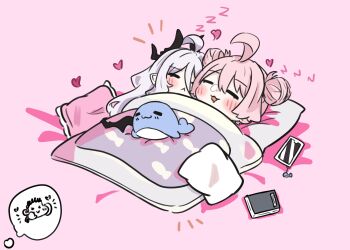 2girls ahoge blue_archive cellphone chibi chibi_only commentary doodle_sensei_(blue_archive) double_bun e_v_e_neko hair_bun halo hina_(blue_archive) hoshino_(blue_archive) multiple_girls phone pillow pink_hair sensei_(blue_archive) sleeping smartphone under_covers yuri