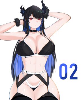 1girl absurdres asymmetrical_horns black_bra black_hair black_panties blue_hair bra breasts cleavage colored_inner_hair crystal_horns demon_horns flower garter_belt hair_ornament highres hololive hololive_english horn_flower horns lace lace-trimmed_bra lace-trimmed_panties lace-trimmed_thighhighs lace_bra lace_panties lace_trim large_breasts lingerie long_hair looking_at_viewer mole mole_under_eye multicolored_hair navel negligee nerissa_ravencroft p_protocoll panties red_eyes smile solo thighhighs two-tone_hair underwear underwear_only uneven_horns very_long_hair virtual_youtuber