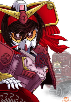 10s 2girls bad_id bad_pixiv_id blonde_hair brown_eyes brown_hair bug centipede colored_sclera crossover flag girls_und_panzer girls_und_panzer_ribbon_no_musha gundam headband highres matsukaze_rin mayohi_neko mecha mecha_musume military military_vehicle motor_vehicle multiple_girls musha_gundam orange_sclera robot sd_gundam signature tank tsuruki_shizuka type_97_te-ke vehicle