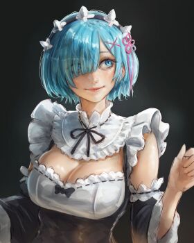 1girl absurdres black_background black_dress black_hairband blue_eyes blue_hair blunt_bangs breasts cleavage commentary detached_sleeves dress english_commentary flower frilled_sleeves frills hair_flower hair_ornament hair_over_one_eye hair_ribbon hairband hand_up highres idaero_ace large_breasts light_smile maid multicolored_hairband re:zero_kara_hajimeru_isekai_seikatsu rem_(re:zero) ribbon roswaal_mansion_maid_uniform short_hair simple_background sleeveless sleeveless_dress solo standing two-tone_dress upper_body wide_sleeves x_hair_ornament
