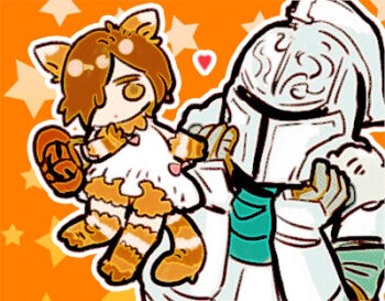 1girl 1other alternate_costume animal_ears bearer_of_the_curse brown_eyes brown_hair cat_ears cat_girl cat_tail closed_mouth commentary dark_souls_(series) dark_souls_ii dress emerald_herald gauntlets green_shirt hair_over_one_eye halloween halloween_costume heart helm helmet jack-o&#039;-lantern kanon_(rsl) kemonomimi_mode lowres orange_background shirt short_hair star_(symbol) tail upper_body white_dress