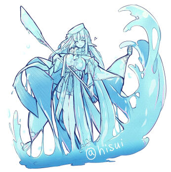 Rule 34 | 1girl, beret, breasts, capelet, commentary request, full body, groin, hat, hisui (syarute), holding, holding paddle, large breasts, leotard, liquid hair, long hair, looking at viewer, open mouth, original, paddle, pointy ears, simple background, smile, solo, undine, white background