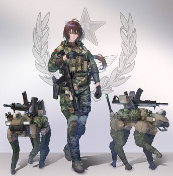 1girl absurdres assault_rifle black_gloves brown_eyes brown_hair camouflage full_body g&amp;k-cmdr gloves gun highres knee_pads load_bearing_vest magazine_(weapon) military_combat_uniform military_uniform non-humanoid_robot original people&#039;s_liberation_army qbz-191 rifle robot robot_animal robot_dog solo suppressor tactical_clothes weapon