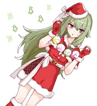 1girl alternate_costume belt belt_bow blush boots bow box capelet christmas christmas_ornaments christmas_tree commentary_request cowboy_shot dress dutch_angle fur-trimmed_boots fur-trimmed_capelet fur-trimmed_dress fur-trimmed_gloves fur-trimmed_headwear fur_trim gift gift_box gloves green_hair hair_between_eyes hair_flaps hands_up hane_k2 hat hat_bow highres holding holding_string kusanagi_nene long_hair long_sidelocks looking_at_viewer low-tied_sidelocks project_sekai purple_eyes red_boots red_capelet red_dress red_gloves red_hat santa_costume santa_hat short_dress sidelocks simple_background solo standing string white_background white_belt white_bow