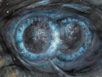 ape blue_eyes bubble close-up crossover dinosaur extra_corona extra_iris extra_pupils eye_reflection fangs g.n.a giant giant_monster glowing glowing_eyes godzilla godzilla_(series) gorilla kaiju king_kong king_kong_(series) legendary_pictures monarch:_legacy_of_monsters monster monsterverse no_humans orange_eyes pov reflection sea_monster sharp_teeth spikes teeth titan_x toho underwater